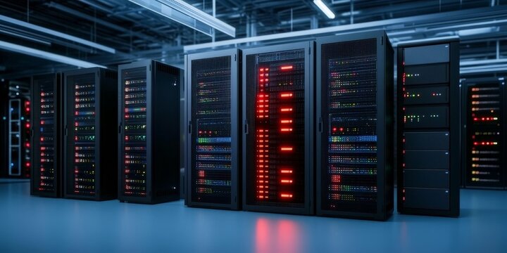 A row of high-tech server racks illuminated by vibrant and colorful LED lights, showcasing an advanced and secure data center environment with cutting-edge technology.