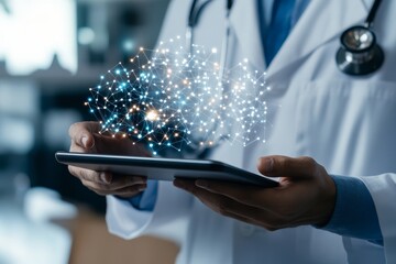 A medical professional engages with an AI-generated holographic network projected above a digital tablet, emphasizing artificial intelligence in healthcare innovation.