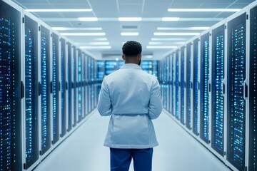 Fototapeta premium A scientist in a data center examines rows of server equipment, highlighting the intersection of research and technology in modern scientific advancements.