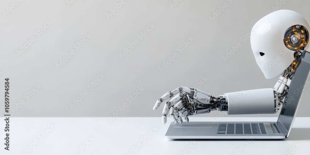 Poster a robot sits at a desk operating a laptop, reflecting the futuristic and evolving role of ai in digi