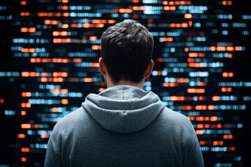 A person in a hoodie stands in front of a digital display with glowing red and blue code, symbolizing technology and anonymity in a cyber environment.
