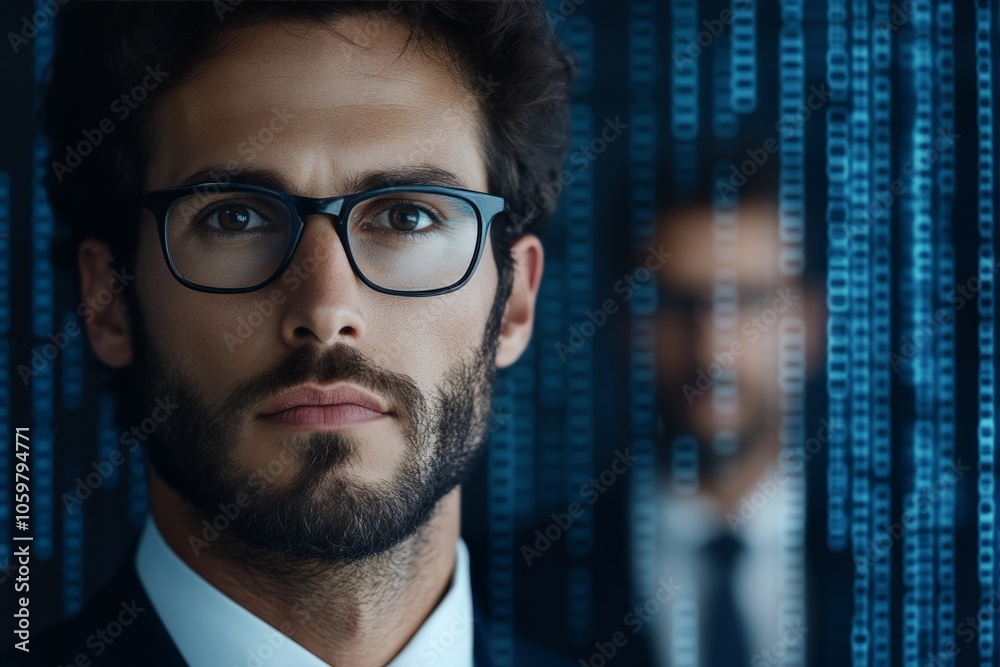 Poster a man wearing glasses intently examines a digital display filled with binary code, depicting concent