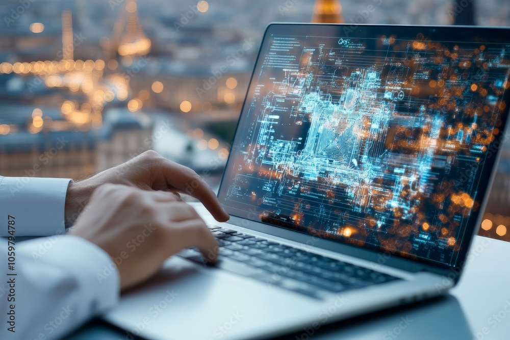 Poster hands swiftly navigate the keyboard of a laptop displaying a futuristic digital interface, epitomizi