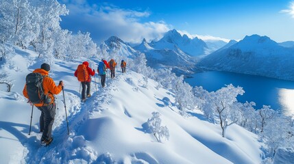A group of hikers, wearing bright orange jackets navigates a snowy path surrounded by frosted trees and stunning majestic peaks under a clear blue sky.
