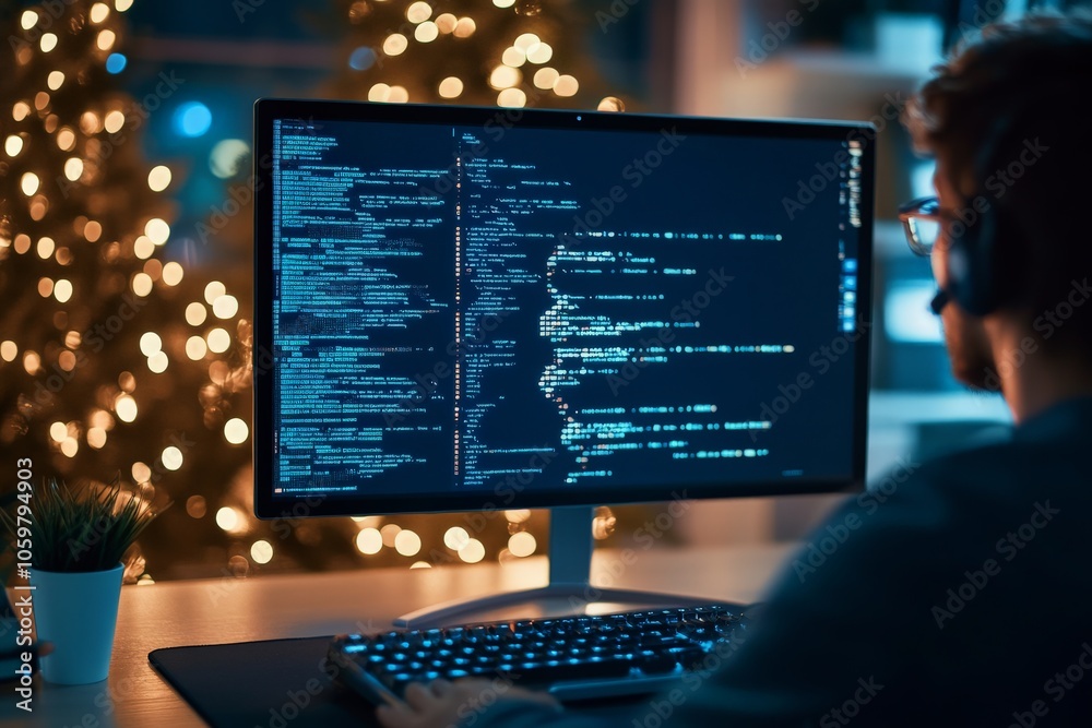 Poster a programmer working on a computer surrounded by festive lights, highlighting the fusion of technolo