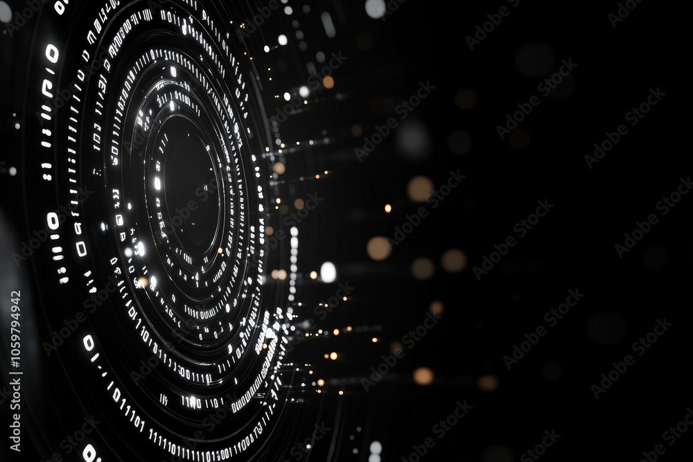 Poster a captivating abstract digital artwork displaying a circular array of lights and data, symbolizing a