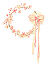 桜と枝とりぼんのリース　手描き色鉛筆画
