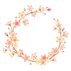 桜と枝のリース　手描き色鉛筆画