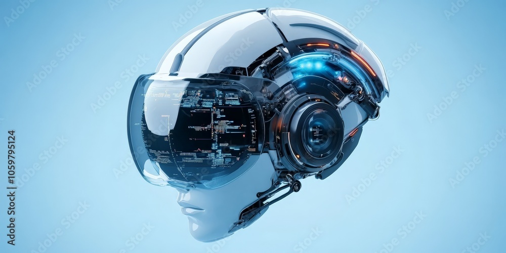 Poster a high-tech robotic helmet with digital data visualization, indicating futuristic advancements in ar