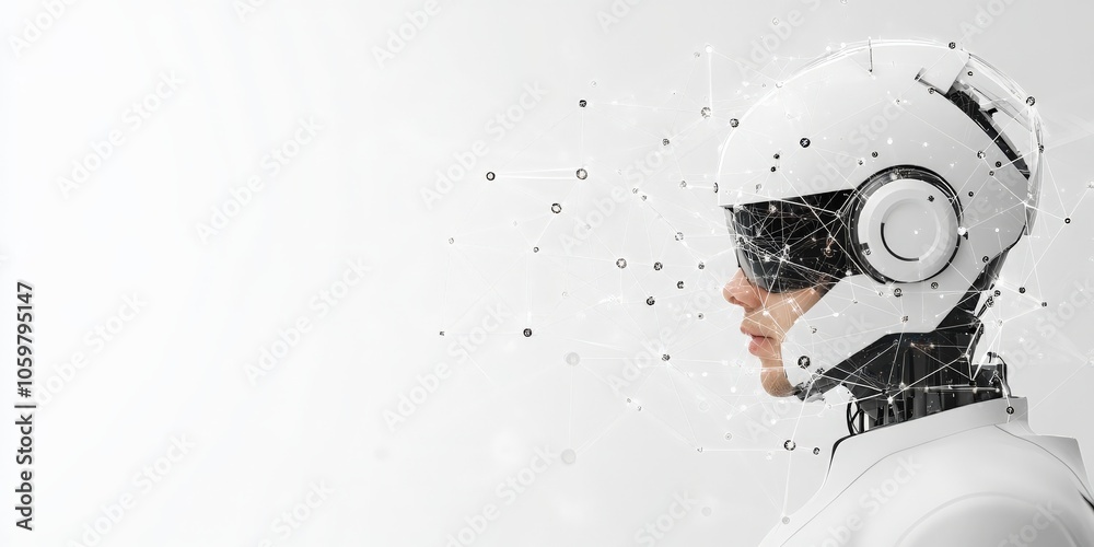 Poster A sleek robot with abstract neural connections, symbolizing the interconnectedness of modern AI systems, displaying a stark contrast of colors and forms.