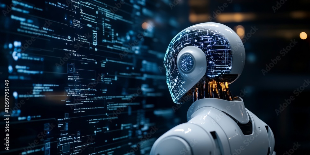 Poster an ai robot examining complex digital schematics on a screen wall, depicting advanced technology in 