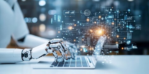 A robot using a laptop surrounded by digital data overlays, representing artificial intelligence performing advanced computing tasks in a modern setting.