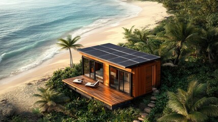 Fototapeta premium Cozy Beachfront Cabin with Solar Panels and Palm Trees