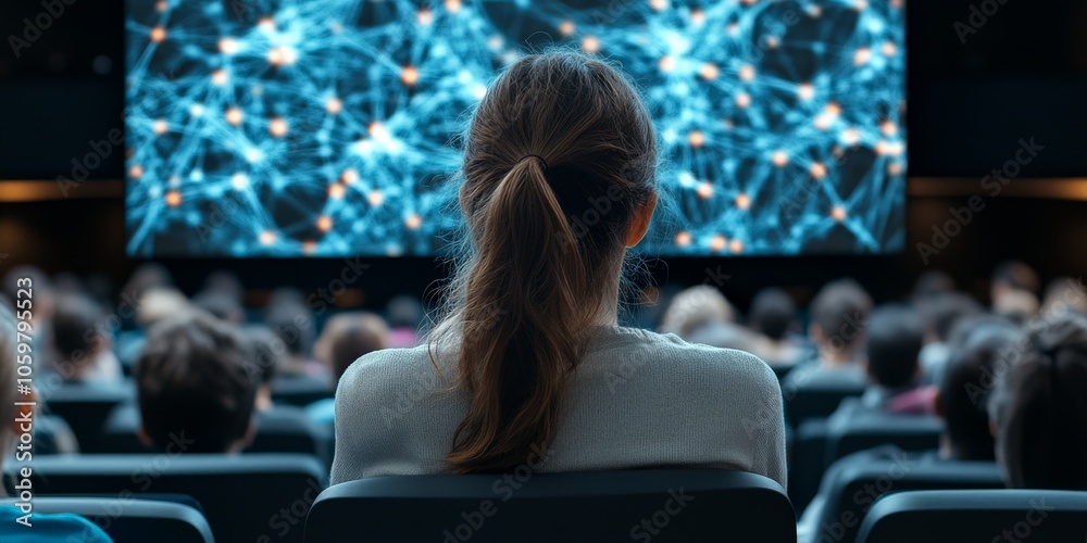 Poster an audience member is focused on a large screen displaying a neural network visualization, highlight