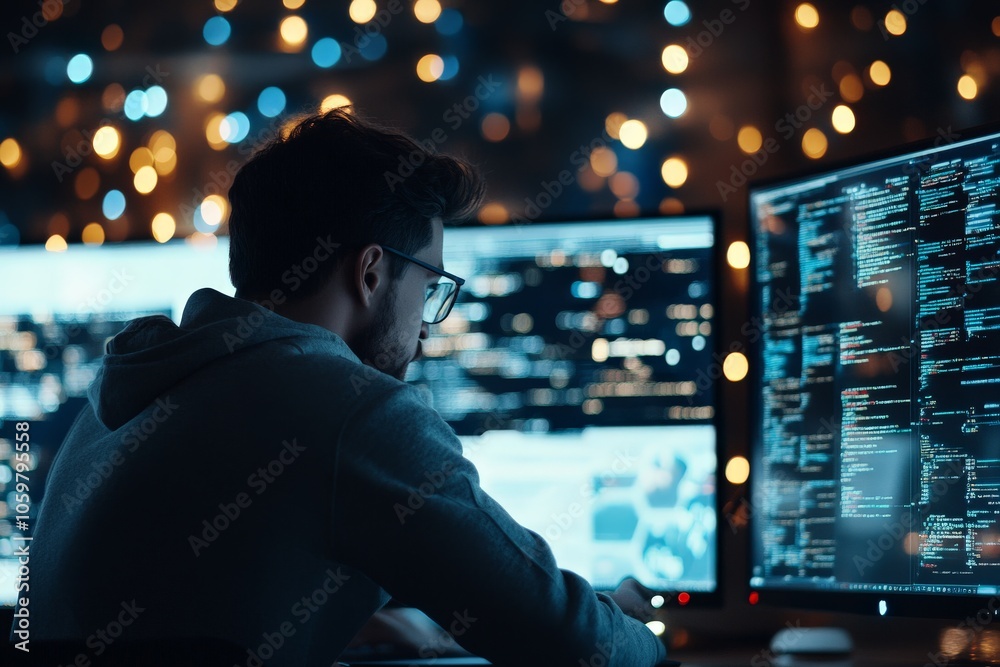 Poster a young programmer is engrossed in writing code on multiple screens, surrounded by glowing computer 