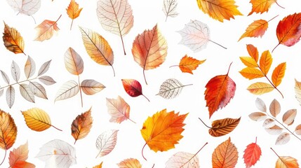 Fototapeta premium Vibrant autumn leaves on white background. Botanical collection. Leaf designs.