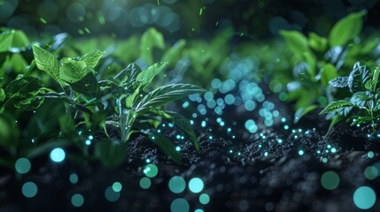 Innovative technology nourishes plants growing in dark soil with magical blue particles, representing advancements in agriculture and a futuristic approach to farming
