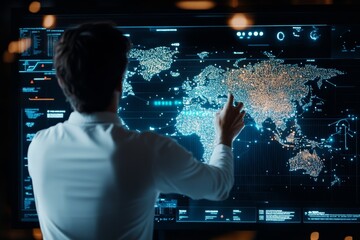 A man in a white shirt uses a touch screen to interact with a digital world map interface filled with data points, showcasing technology and global connectivity.
