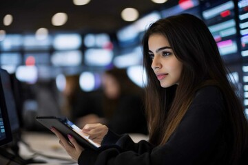 Fototapeta premium A focused woman looks at her tablet while analyzing digital data on large screens, emphasizing modern technology, workplace concentration, and digital analysis.