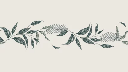 Fototapeten Floral border seamless pattern of lush and intricate various leaves in shades of green and gray on a brown background © momosama