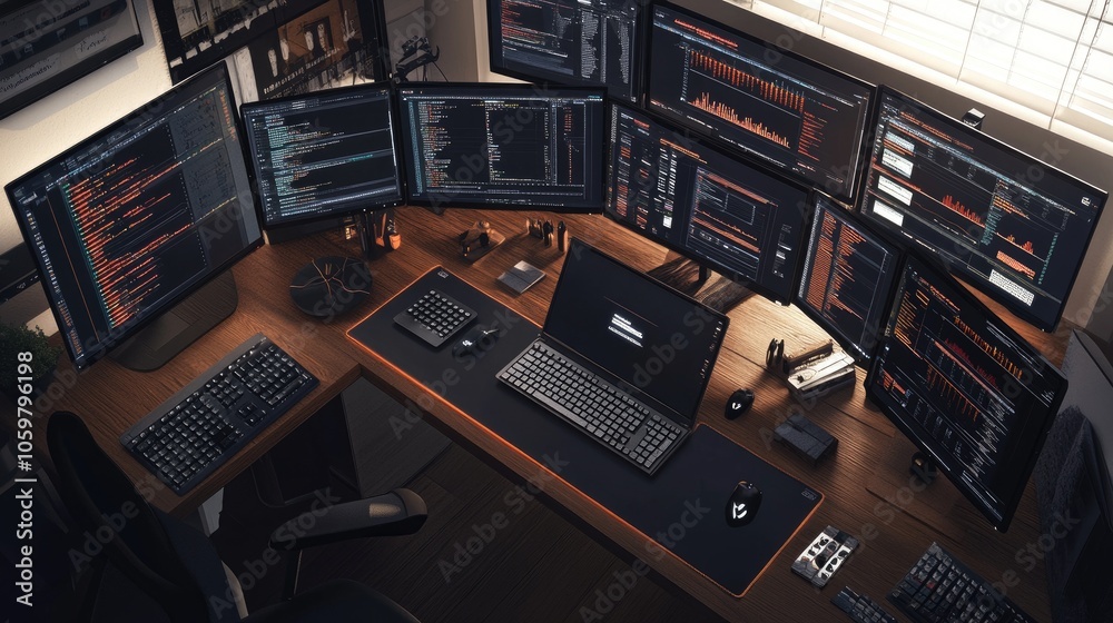 Poster modern workspace with multiple computer monitors