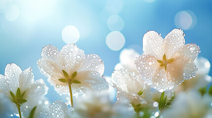 Beautiful white flowers with dew on the petals, against a blue sky background on a sunny day