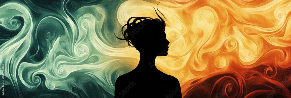 Poster a person’s abstract silhouette stands out against dynamic, colorful swirling patterns evoking feelin