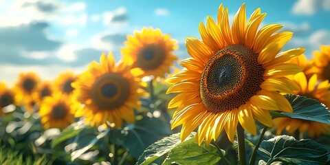 Obraz premium Vibrant sunflower blooms bask in the golden sunlight, showcasing bold yellow petals and rich green leaves with a backdrop of a clear blue sky and fluffy clouds.