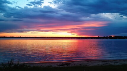 Fototapeta premium Brilliant Sunset Over the Ocean: A Stunning Gradient of Brown Sand, Cyan Water, Red and Orange Hues of the Setting Sun, Transitioning to Deep Indigo Sky with Puffy Clouds Reflecting the Light