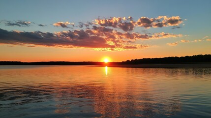 Fototapeta premium Brilliant Sunset Over the Ocean: A Stunning Gradient of Brown Sand, Cyan Water, Red and Orange Hues of the Setting Sun, Transitioning to Deep Indigo Sky with Puffy Clouds Reflecting the Light