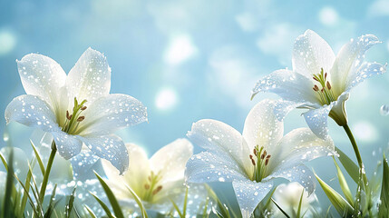 Beautiful white flowers with dew on the petals, against a blue sky background on a sunny day
