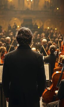 Cinematic back view of a conductor leading a symphony orchestra while violinists are playing