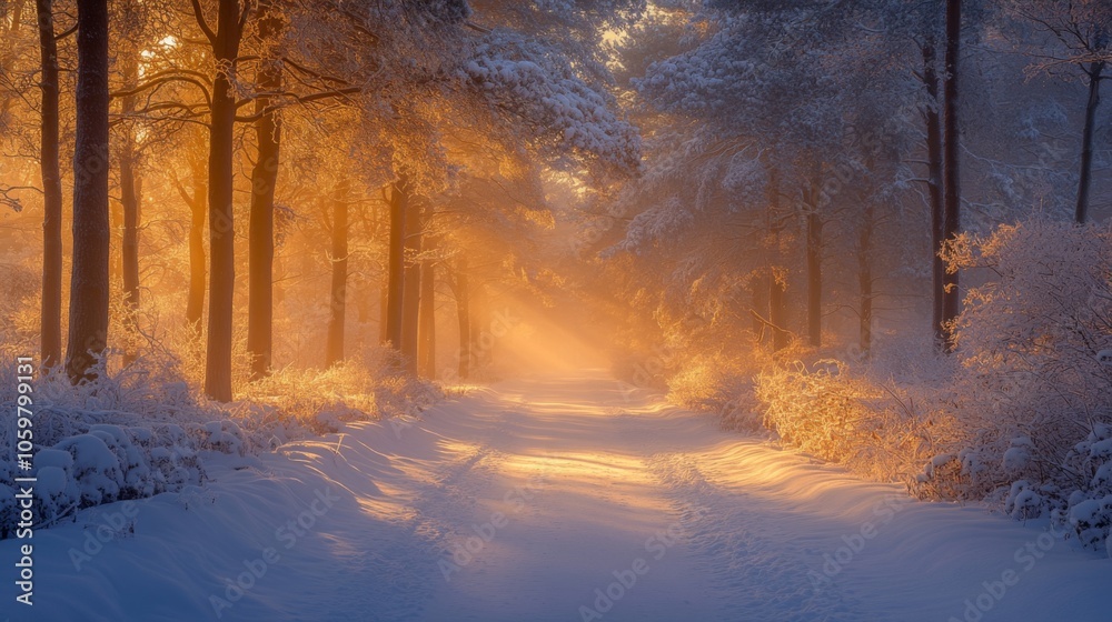 Poster sunlight gently shines through tall trees, illuminating a tranquil forest path blanketed in fresh sn