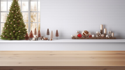 wooden tabletop counter in a clean and bright interior house background with a Christmas tree, zoom background