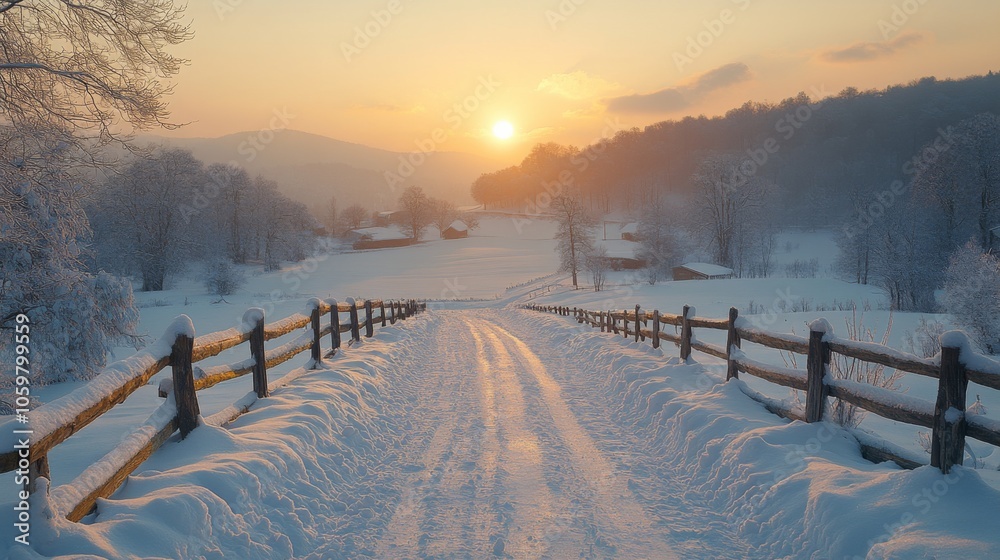 Poster a tranquil winter scene where a snow-covered path stretches towards the horizon, illuminated by a so