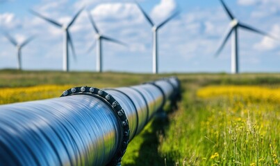 Fototapeta premium Pipeline with wind turbines in background on green field. Renewable energy and infrastructure concept