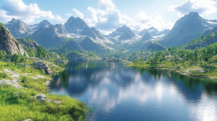 Fototapeta premium Tranquil Lake Nestled Among Majestic Snow-Capped Mountains