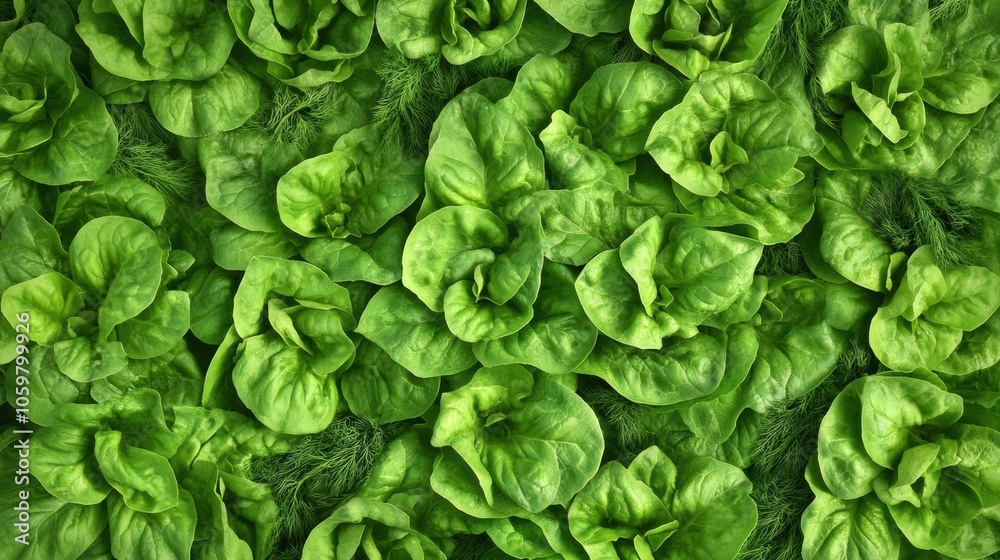 Poster Vibrant fresh lettuce mingles with dill and basil, creating a lush backdrop in a sunny garden during the warm summer morning. Generative AI