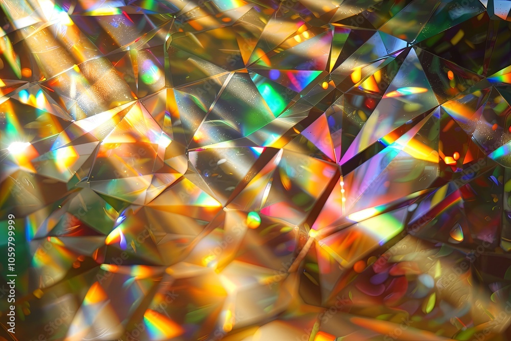 Poster colorful reflections and light patterns created by refracted rays through a crystal surface in a bri