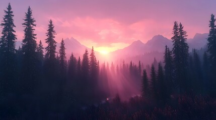 Fototapeta premium A serene landscape featuring a vibrant sunset over a misty forest of towering pine trees, with majestic mountains in the background, creating a peaceful and tranquil atmosphere.