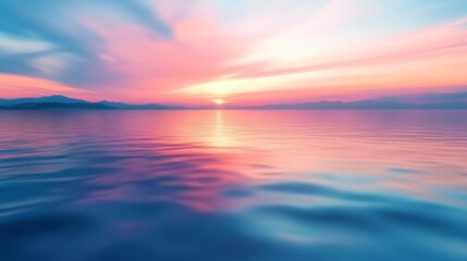 Naklejka premium Sunset over a tranquil ocean, pink and orange hues paint the serene seascape scenery of the calm waters