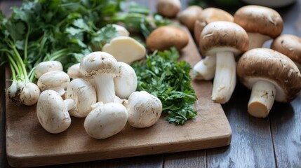 Assortment of mushrooms and herbs on wooden board. Fresh organic produce and cooking ingredients