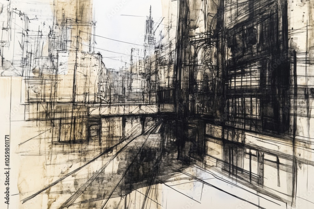 Aufkleber this artwork features an abstract depiction of an urban landscape created in black ink, showcasing b