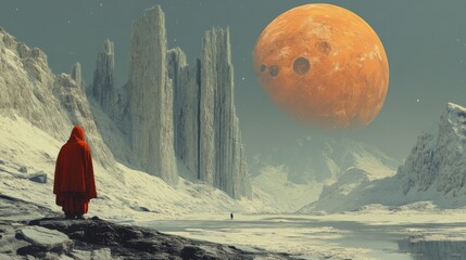 A Solitary Figure Under a Crimson Sky