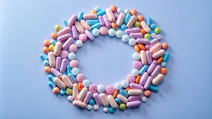 Obraz premium A circular arrangement of pastel-colored capsules and tablets, forming a vibrant border on a pale blue background.