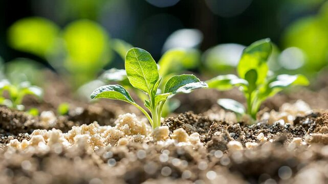 A young plant grows in the garden soil on a sunny day