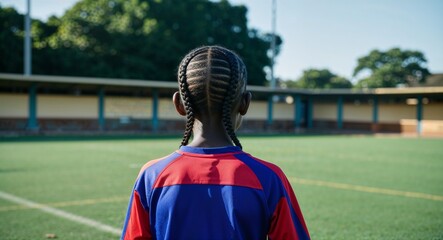 Fototapeta premium African Young Boy with Braids in Sports Jersey by Basketball Court Back View Portrait
