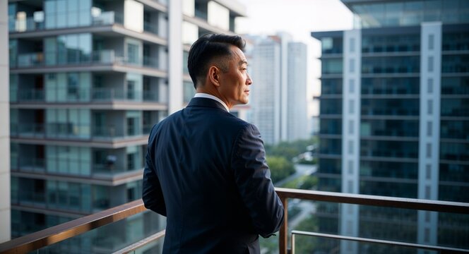 Asian Middle Aged Man with Short Hair in Business Attire at Office Balcony Back View Portrait