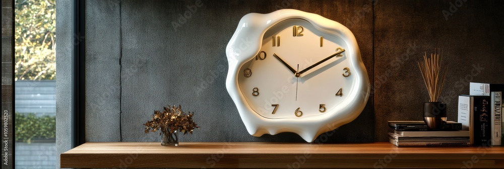 Leinwandbilder a unique melting clock with distorted hands rests on a wooden shelf, emphasizing the fluidity of tim