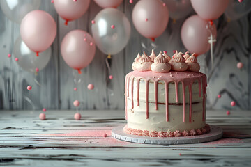 Photograph of Birthday Cake, Candles, and Pink and White Balloons on a Table Wooden Background, Celebratory Decor, Ideal for Party Scenes, Social Media, Invitations, Ads, Websites, Parties, Banners